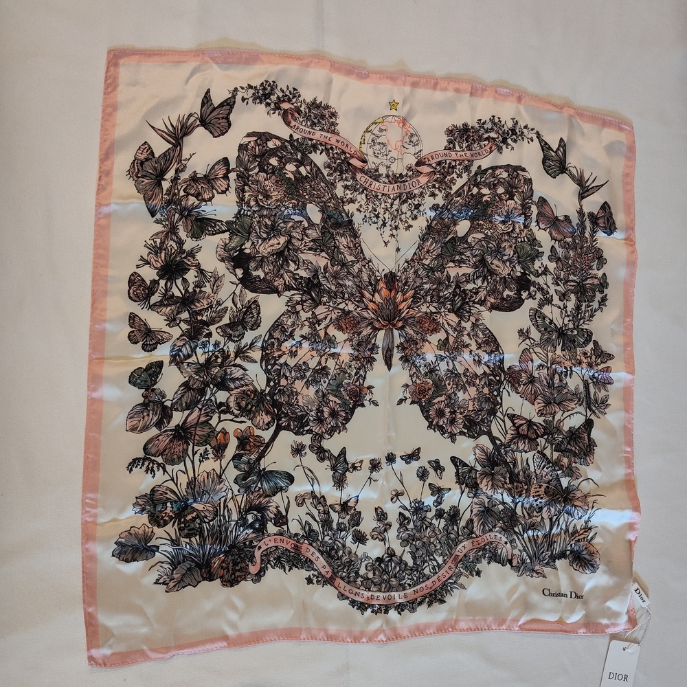 Christian Dior Silk Scarf Pink Butterfly Floral Around the World Italy NIB NWT - Picture 2 of 12